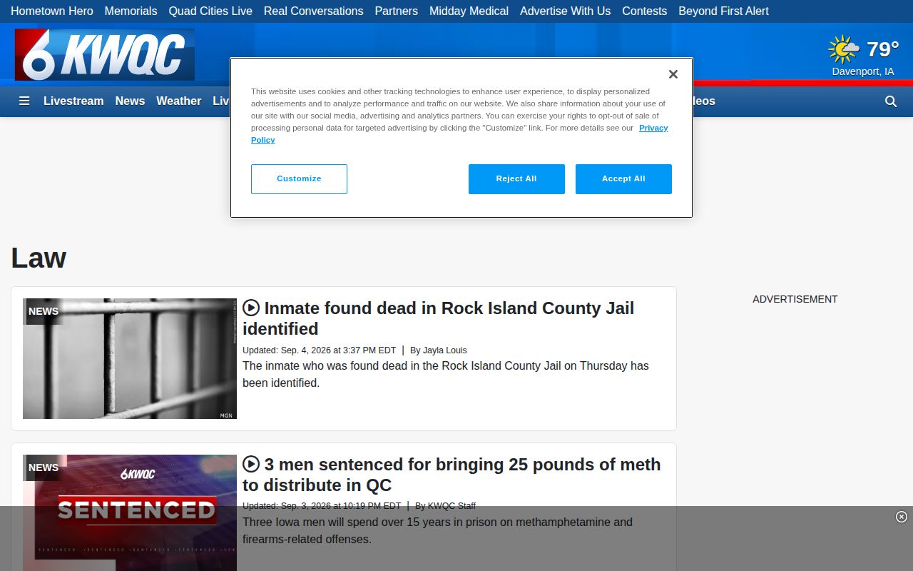 KWQC law news index for Rock Island County arrest context